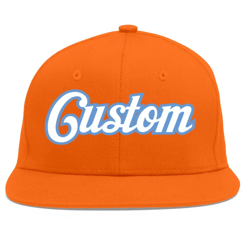 Pairing baseball caps with sports shirts-Custom Orange White-Light Blue Flat Eaves Sport Baseball Cap