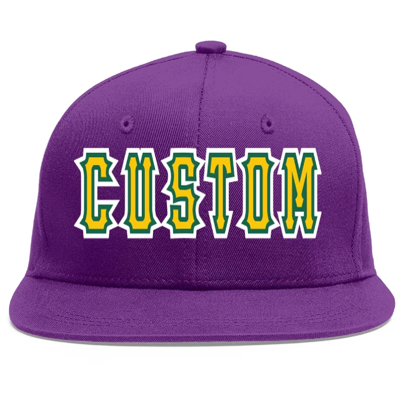 Popular baseball cap styles for sports-Custom Purple Gold-Kelly Green Flat Eaves Sport Baseball Cap