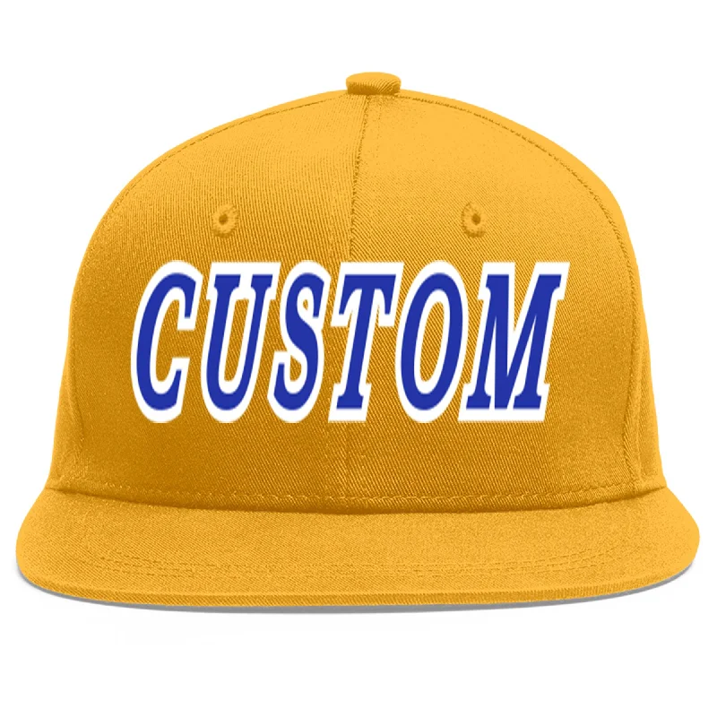 Baseball caps breathability features-Custom Gold Royal-White Flat Eaves Sport Baseball Cap