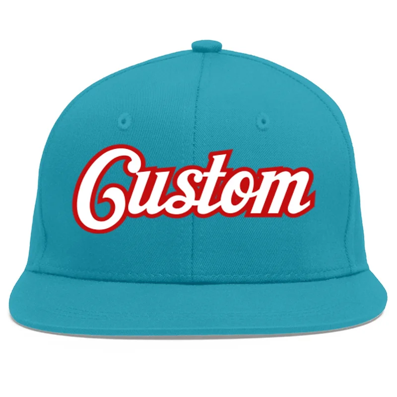 Best baseball cap styles-Custom Aqua White-Red Flat Eaves Sport Baseball Cap