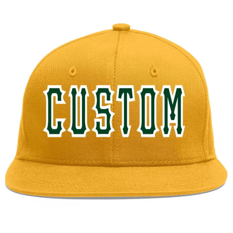 Mesh panel baseball caps for ventilation-Custom Gold Green-White Flat Eaves Sport Baseball Cap