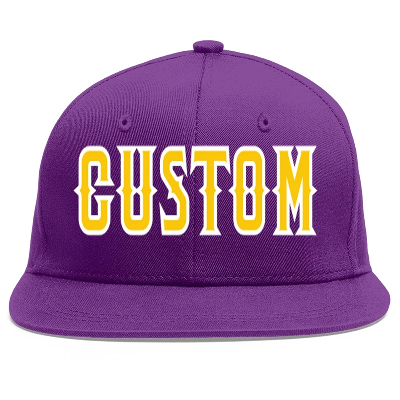 Baseball caps for running and jogging-Custom Purple Gold-White Flat Eaves Sport Baseball Cap