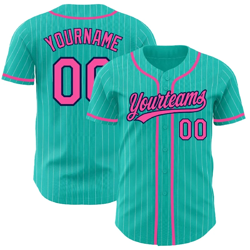 Baseball jerseys for off-field wear and fan support-Custom Aqua White Pinstripe Pink-Navy Authentic Baseball Jersey