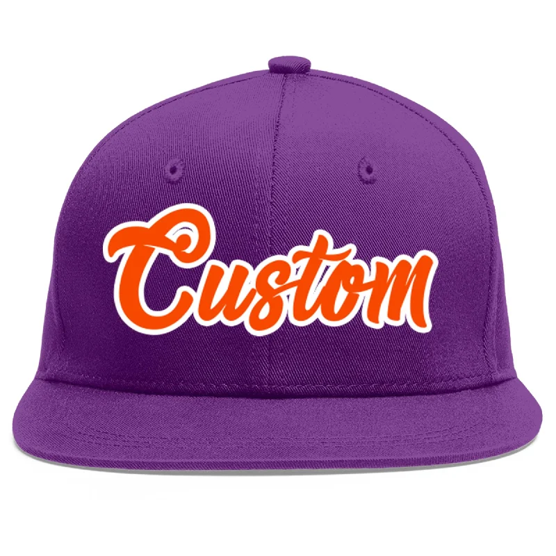 Unique baseball cap designs-Custom Purple Orange-White Flat Eaves Sport Baseball Cap