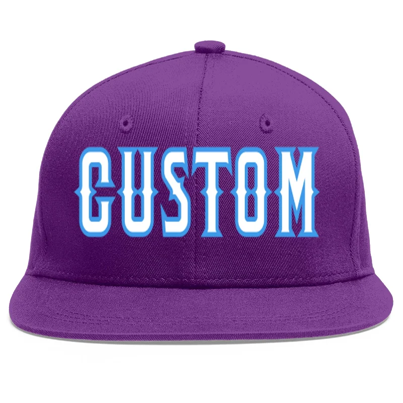 Breathable materials in baseball caps-Custom Purple White-Powder Blue Flat Eaves Sport Baseball Cap