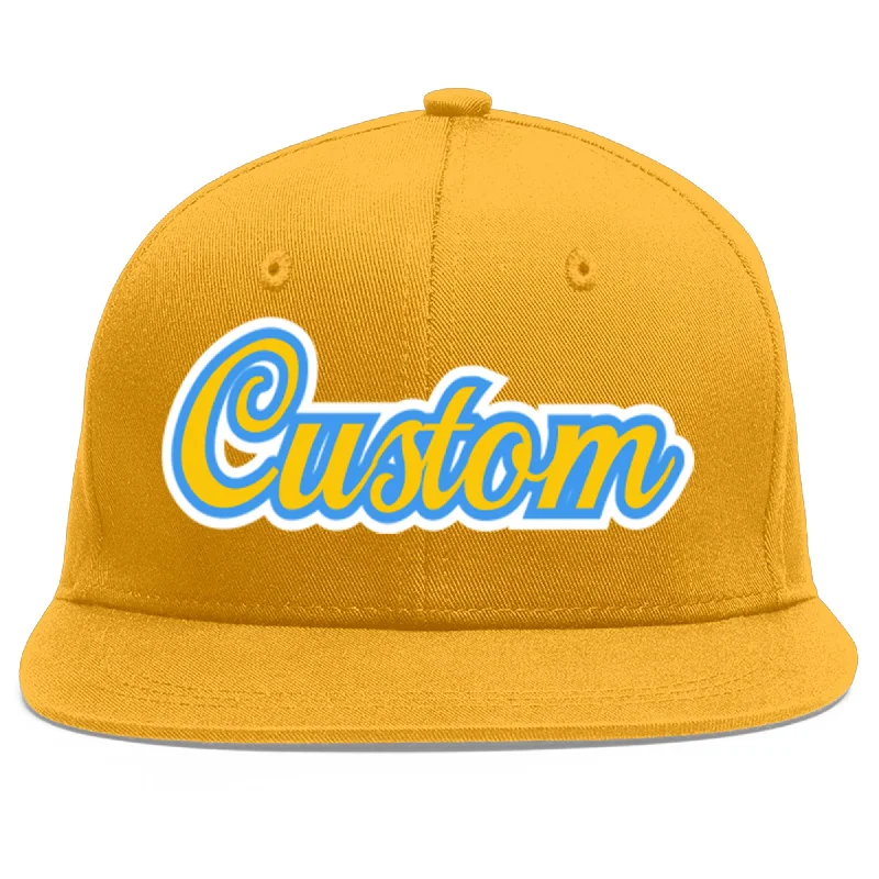 Baseball caps for extreme sports-Custom Gold Gold-Powder Blue Flat Eaves Sport Baseball Cap