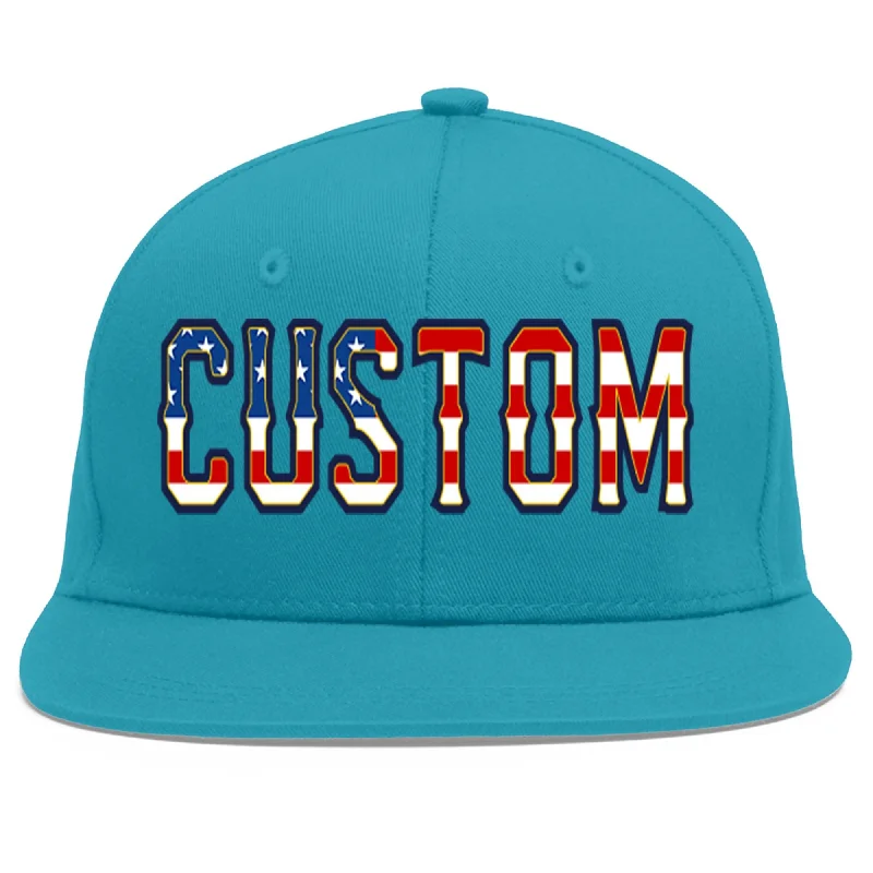 Innovative baseball cap designs-Custom Aqua Vintage USA Flag-Gold Flat Eaves Sport Baseball Cap