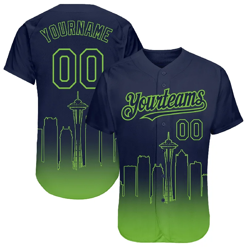 Best baseball jerseys for high school teams-Custom Navy Neon Green 3D Seattle City Edition Fade Fashion Authentic Baseball Jersey