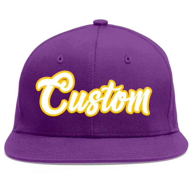 Innovative baseball cap designs-Custom Purple White-Gold Flat Eaves Sport Baseball Cap