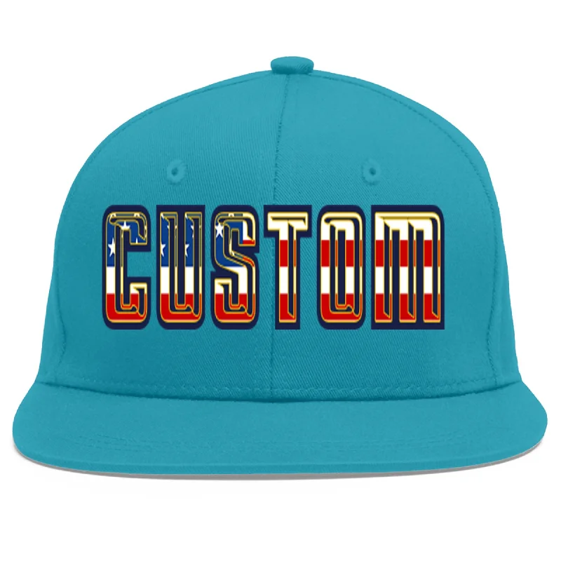 Adjustable strap baseball caps-Custom Aqua Vintage USA Flag-Gold Flat Eaves Sport Baseball Cap