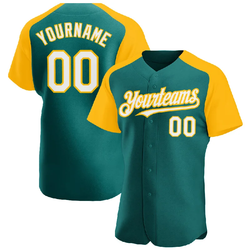 Baseball jerseys for fan merchandise and collectibles-Custom Teal White-Gold Authentic Raglan Sleeves Baseball Jersey