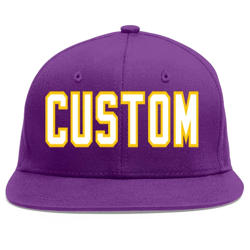 Caring for and maintaining baseball caps-Custom Purple White-Gold Flat Eaves Sport Baseball Cap