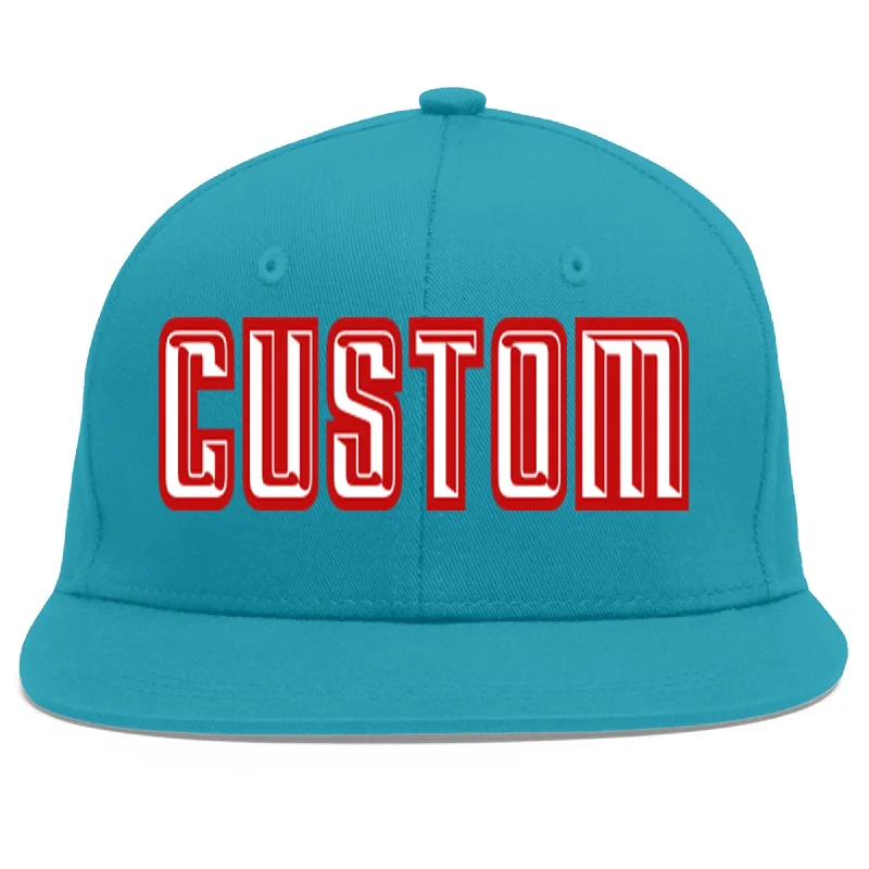 Baseball caps for running and jogging-Custom Aqua White-Red Flat Eaves Sport Baseball Cap