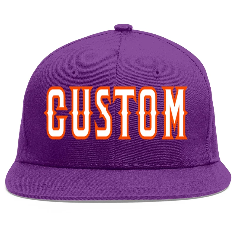 Unique baseball cap designs-Custom Purple White-Orange Flat Eaves Sport Baseball Cap