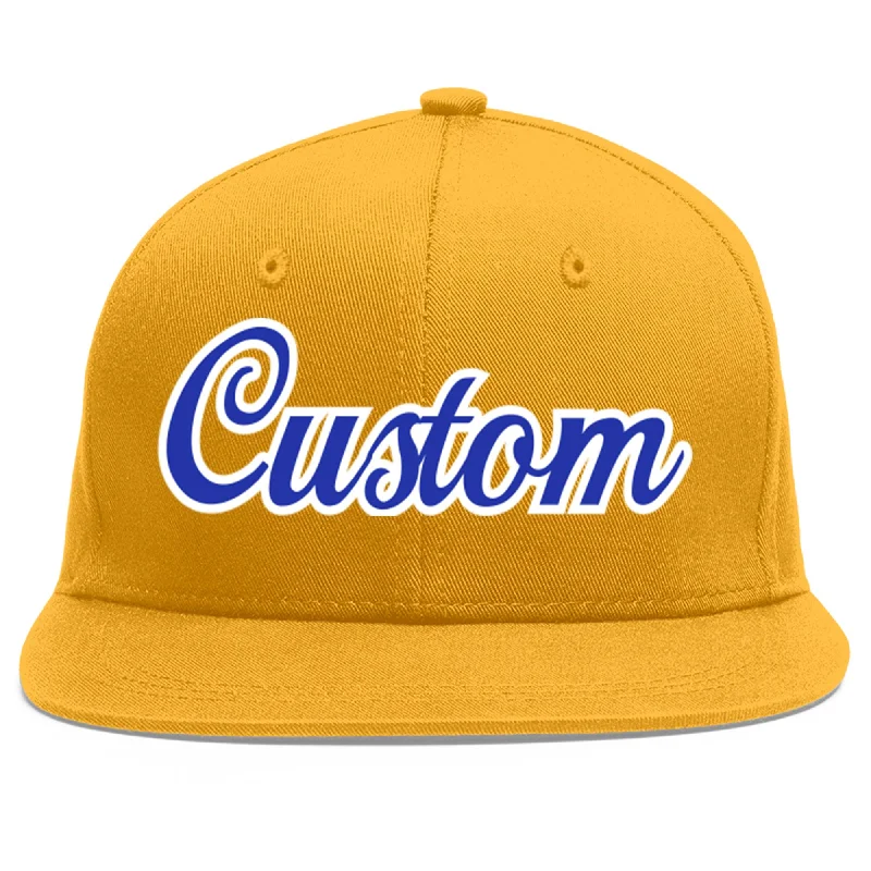 How to clean a baseball cap-Custom Gold Royal-White Flat Eaves Sport Baseball Cap