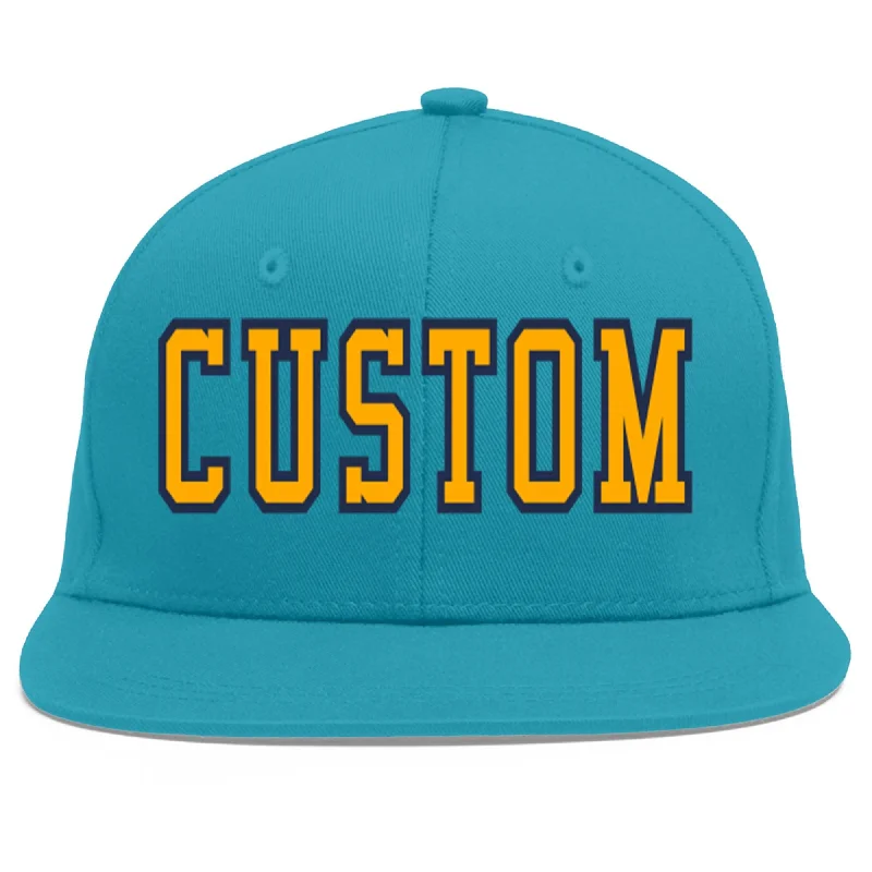 Baseball caps for travel wear-Custom Aqua Yellow-Navy Flat Eaves Sport Baseball Cap