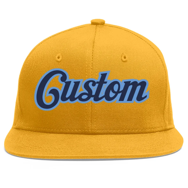 Baseball caps for athletes' performance-Custom Gold Navy-Light Blue Flat Eaves Sport Baseball Cap