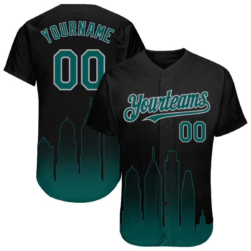 Baseball jerseys for spring and summer tournaments-Custom Black Midnight Green-Gray 3D Philadelphia City Edition Fade Fashion Authentic Baseball Jersey