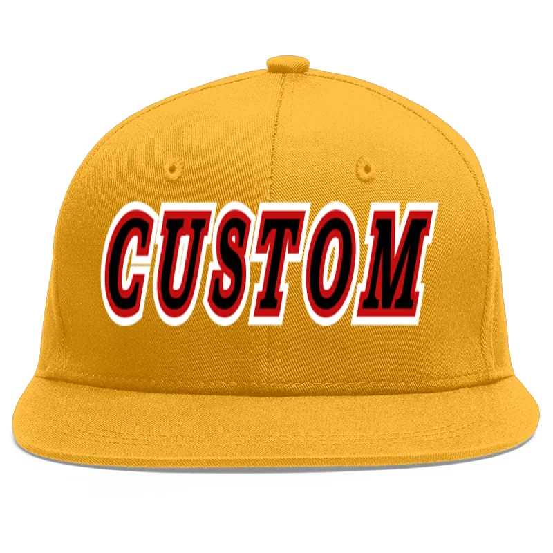 Best baseball cap styles-Custom Gold Black-Red Flat Eaves Sport Baseball Cap