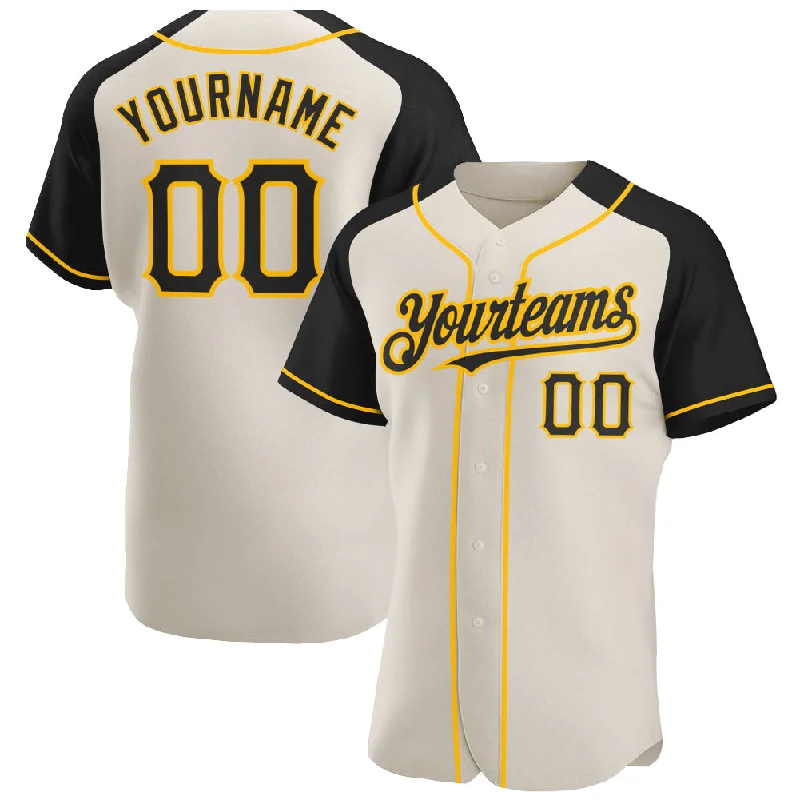 Soft cotton baseball jerseys for comfort-Custom Cream Black-Gold Authentic Raglan Sleeves Baseball Jersey