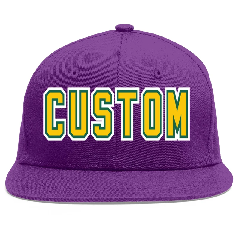 Baseball cap with hoodie pairing-Custom Purple Gold-Kelly Green Flat Eaves Sport Baseball Cap