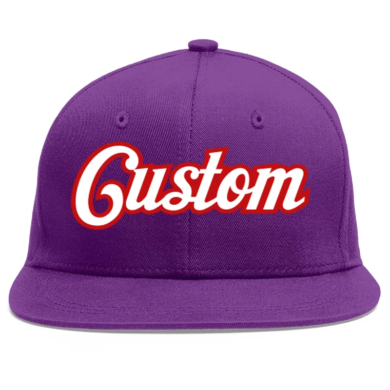 Baseball caps for long wear-Custom Purple White-Red Flat Eaves Sport Baseball Cap