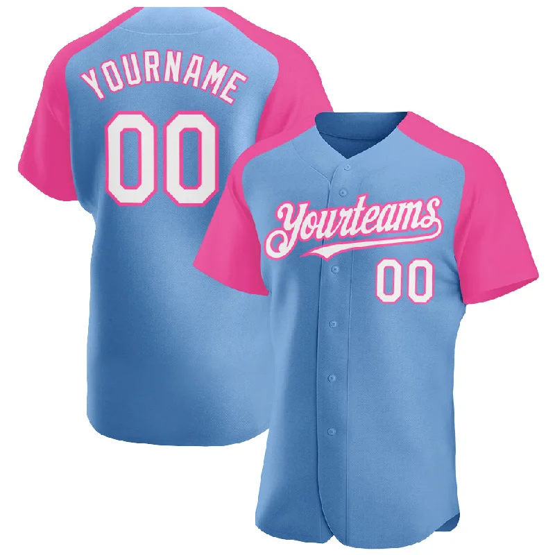 Lightweight baseball jerseys for hot weather-Custom Light Blue White-Pink Authentic Raglan Sleeves Baseball Jersey