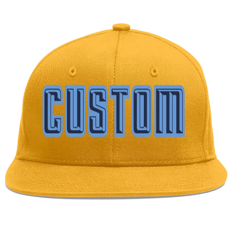 Baseball caps for fall and winter-Custom Gold Navy-Light Blue Flat Eaves Sport Baseball Cap