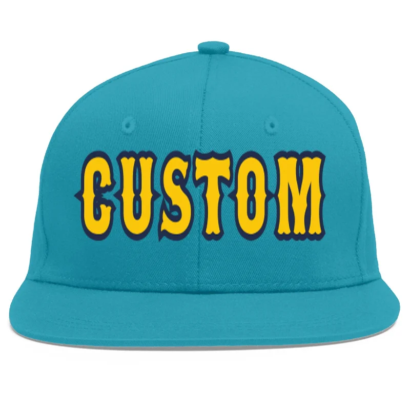 Baseball caps with ventilation mesh-Custom Aqua Gold-Navy Flat Eaves Sport Baseball Cap