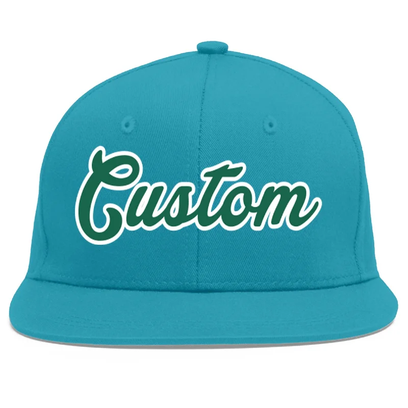 Baseball caps for sun protection-Custom Aqua Kelly Green-White Flat Eaves Sport Baseball Cap