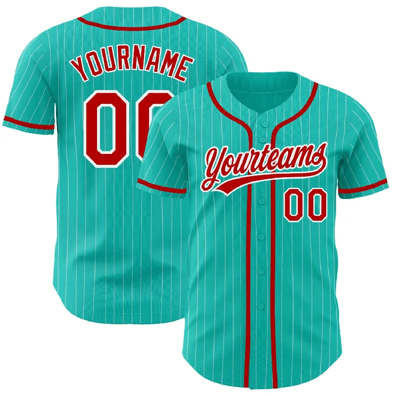 Best baseball jerseys for elite level competitions-Custom Aqua White Pinstripe Red Authentic Baseball Jersey