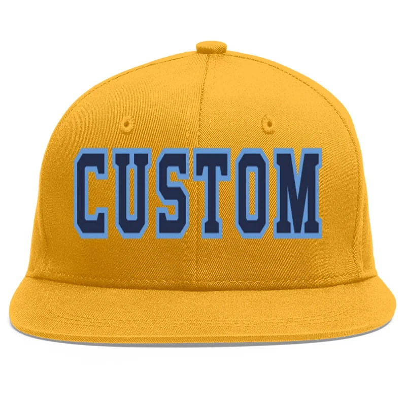 Durability of baseball caps-Custom Gold Navy-Light Blue Flat Eaves Sport Baseball Cap