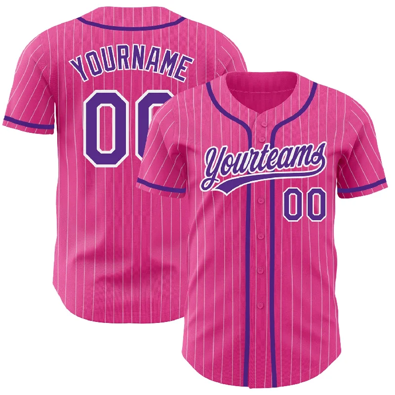 Baseball jerseys with contrasting piping for style-Custom Pink White Pinstripe Purple Authentic Baseball Jersey