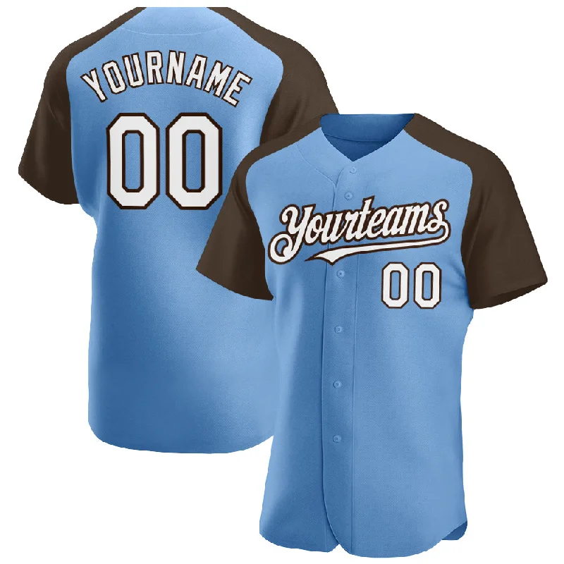 Baseball jerseys with custom patches for teams-Custom Light Blue White-Brown Authentic Raglan Sleeves Baseball Jersey