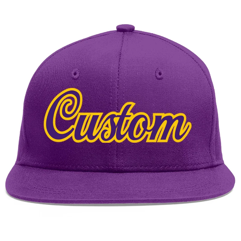 Functional features of baseball caps-Custom Purple purple-Gold Flat Eaves Sport Baseball Cap