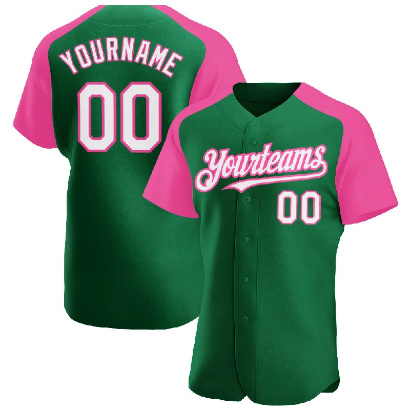 Stylish baseball jerseys for casual wear and sports events-Custom Kelly Green White-Pink Authentic Raglan Sleeves Baseball Jersey