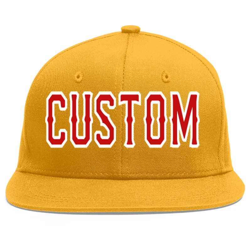 Baseball cap history and origin-Custom Gold Red-White Flat Eaves Sport Baseball Cap