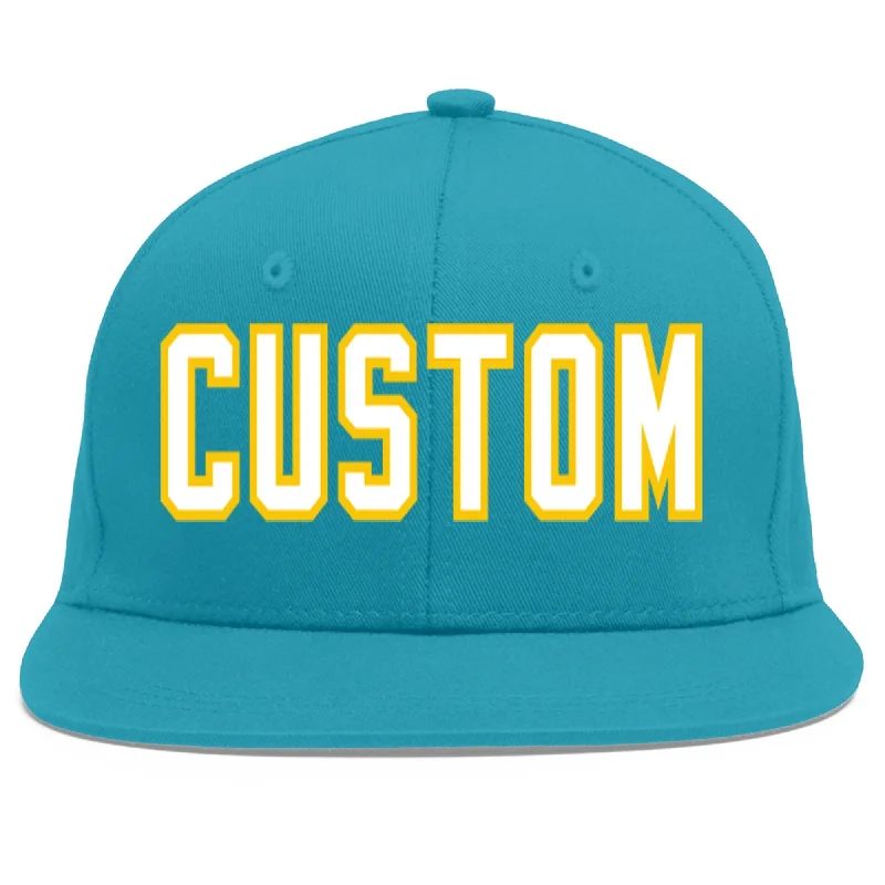 Innovative baseball cap designs-Custom Aqua White-Gold Flat Eaves Sport Baseball Cap