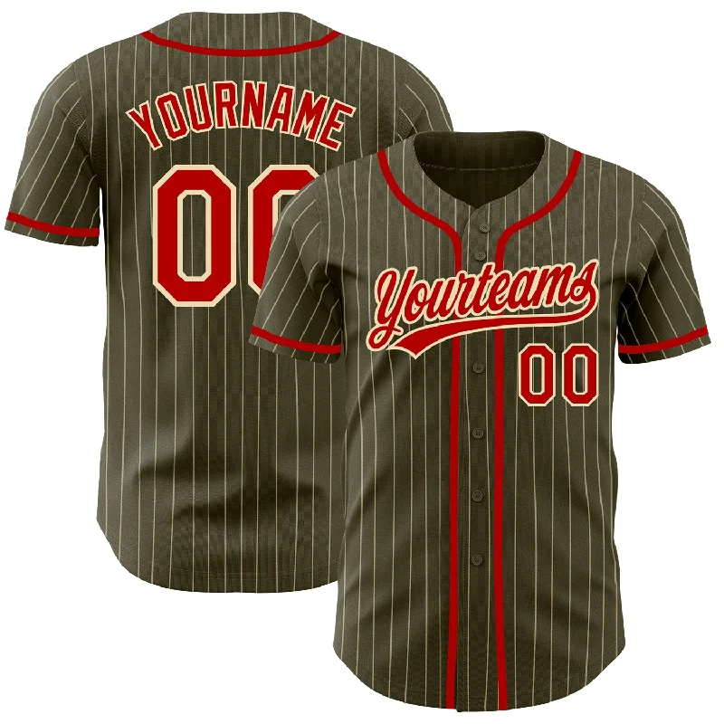 Baseball jerseys with moisture-wicking properties for comfort-Custom Olive City Cream Pinstripe Red Authentic Salute To Service Baseball Jersey