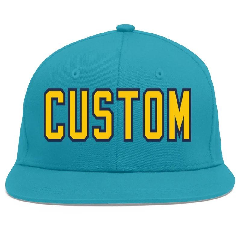 Comfort of everyday baseball caps-Custom Aqua Gold-Navy Flat Eaves Sport Baseball Cap