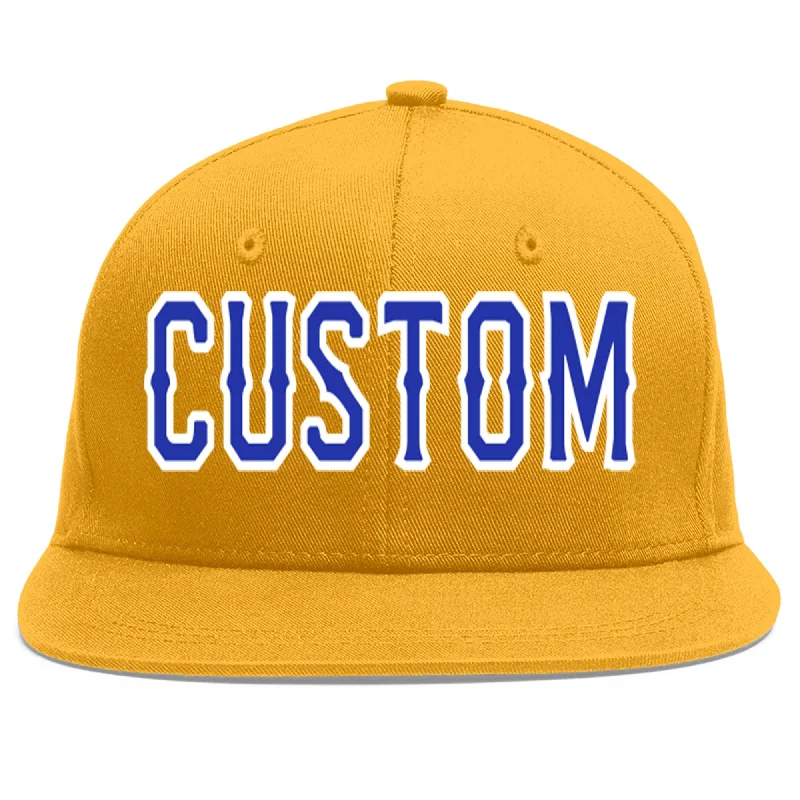 Stylish baseball cap designs-Custom Gold Royal-White Flat Eaves Sport Baseball Cap