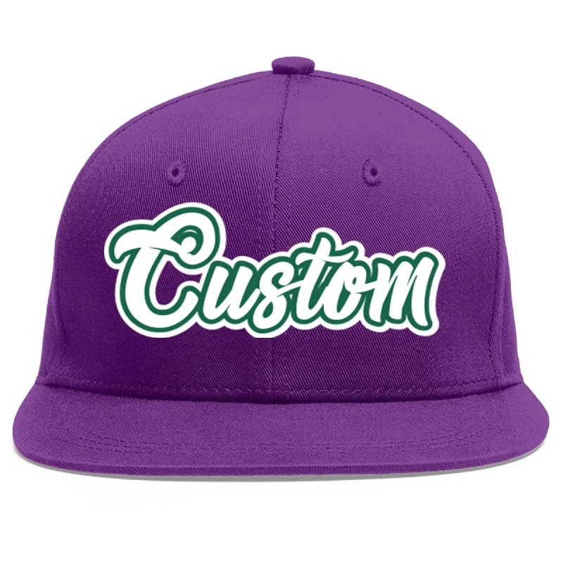 Baseball caps with sports jackets-Custom Purple White-Kelly Green Flat Eaves Sport Baseball Cap