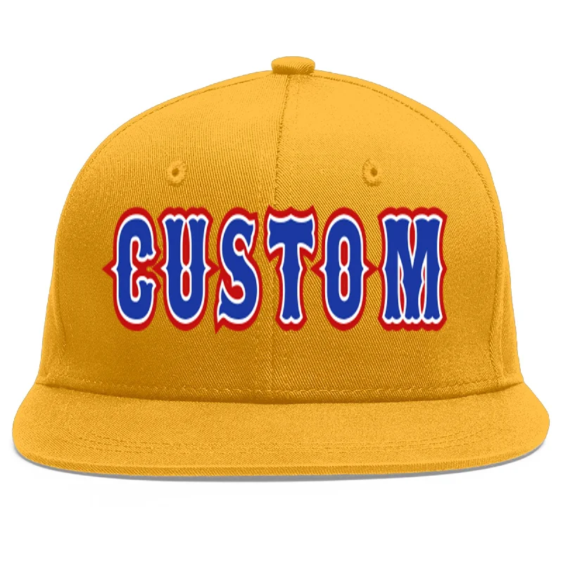 Mesh panel baseball caps for ventilation-Custom Gold Royal-White Flat Eaves Sport Baseball Cap