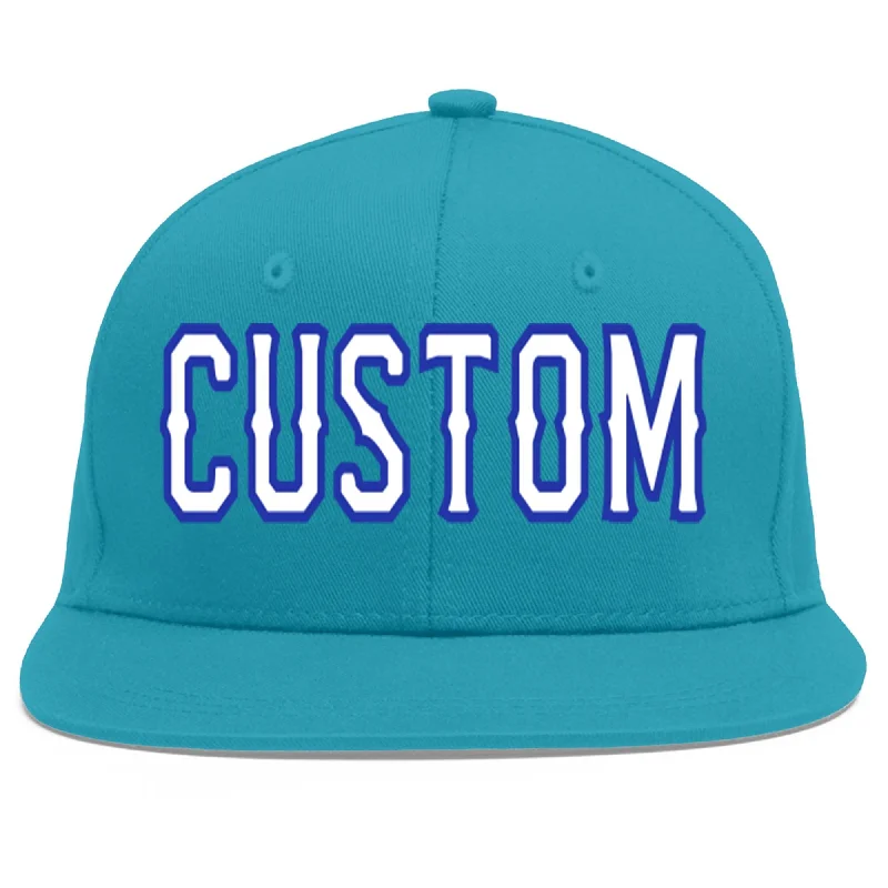 Unique baseball cap designs-Custom Aqua White-Royal Flat Eaves Sport Baseball Cap