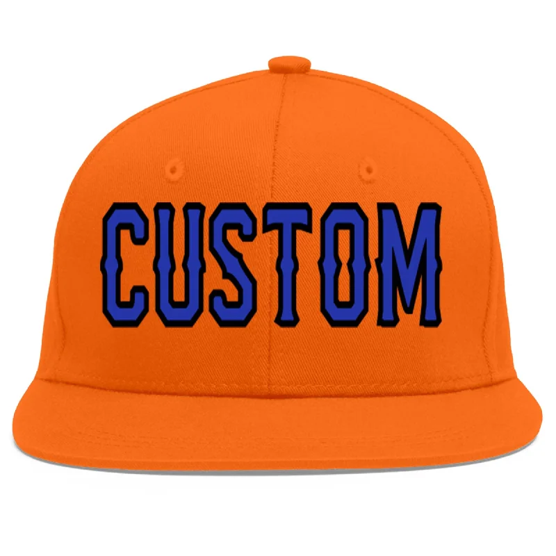 Popular baseball cap trends-Custom Orange Royal-Black Flat Eaves Sport Baseball Cap