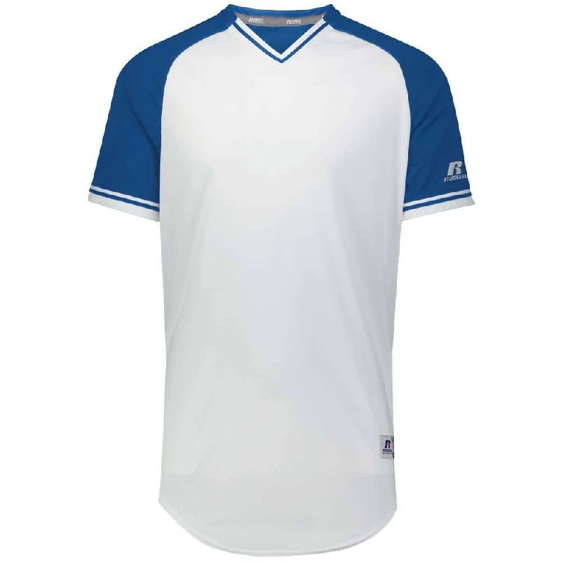 Baseball jerseys for sports camps and coaching events-Classic White-Royal V-Neck Jersey