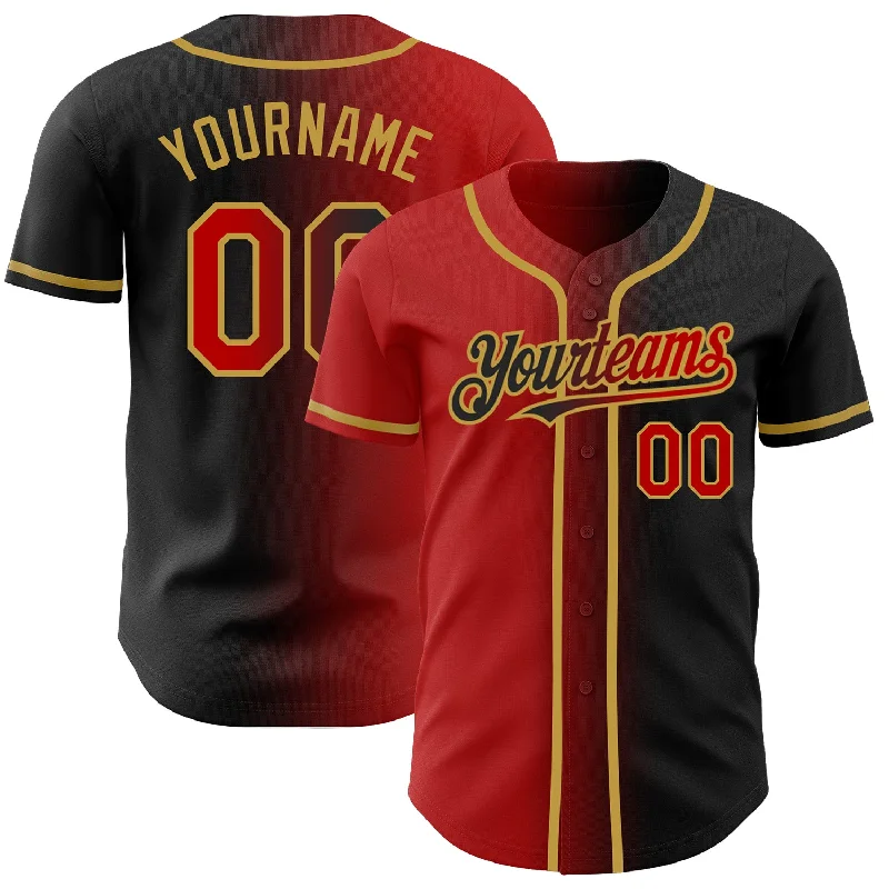 Baseball jerseys with moisture-wicking technology-Custom Black Red-Old Gold Authentic Gradient Fashion Baseball Jersey