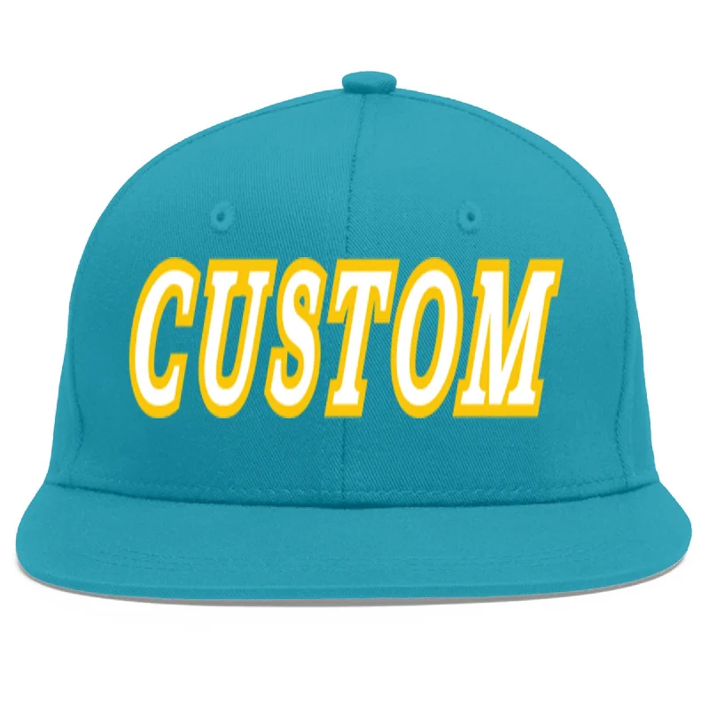 Baseball caps with casual outfits-Custom Aqua White-Gold Flat Eaves Sport Baseball Cap