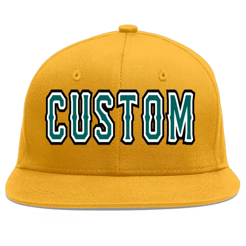 Baseball caps with mesh panels-Custom Gold Aqua-White Flat Eaves Sport Baseball Cap