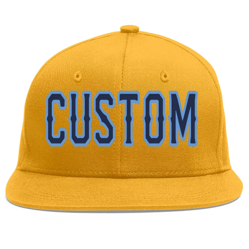 Soft fabric baseball caps-Custom Gold Navy-Light Blue Flat Eaves Sport Baseball Cap